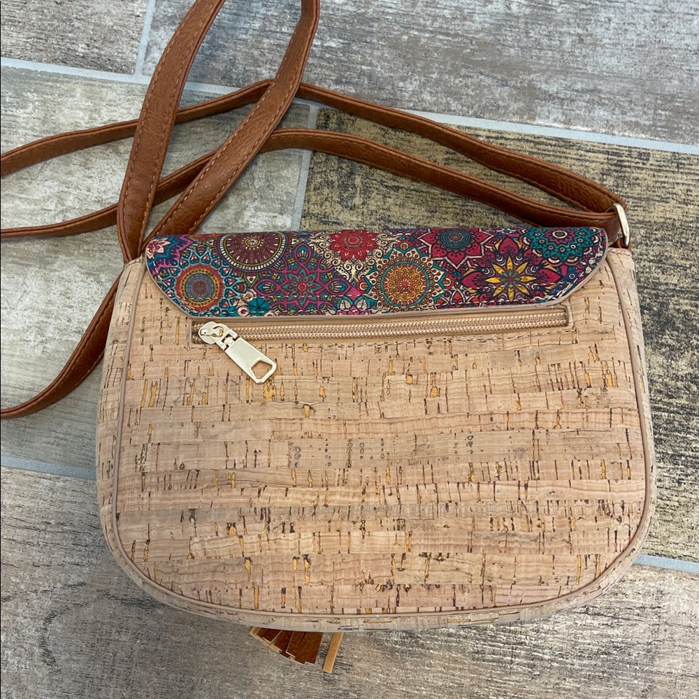 Portugal Cork Bohemian Patterned Crossbody Bag Tassel Magnetic Closure NEW - Picture 3 of 7